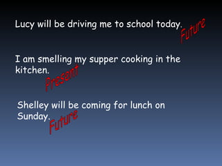 Lucy will be driving me to school today . Future I am smelling my supper cooking in the kitchen. Present Shelley will be coming for lunch on Sunday. Future 