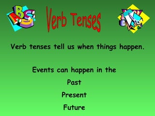 Verb tenses tell us when things happen. 
Events can happen in the 
Past 
Present 
Future 
 