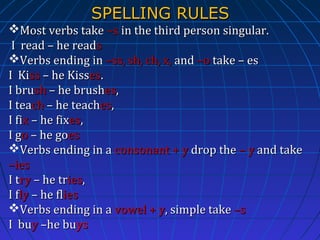 SPELLING RULES

Most verbs take –s in the third person singular.
I read – he reads
Verbs ending in –ss, sh, ch, x, and –o take – es
I Kiss – he Kisses.
I brush – he brushes,
I teach – he teaches,
I fix – he fixes,
I go – he goes
Verbs ending in a consonant + y drop the – y and take
–ies
I try – he tries,
I fly – he flies
Verbs ending in a vowel + y, simple take –s
I buy –he buys

 
