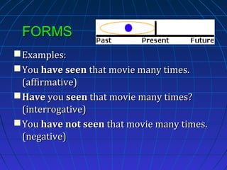 FORMS
 Examples:
 You have seen that movie many times.
(affirmative)
 Have you seen that movie many times?
(interrogative)
 You have not seen that movie many times.
(negative)

 