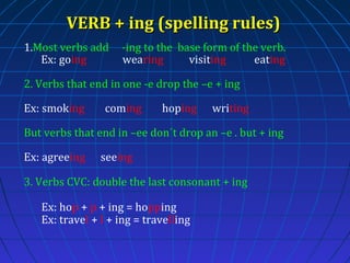 VERB + ing (spelling rules)
1.Most verbs add
Ex: going

-ing to the base form of the verb.
wearing
visiting
eating

2. Verbs that end in one -e drop the –e + ing
Ex: smoking

coming

hoping

writing

But verbs that end in –ee don´t drop an –e . but + ing
Ex: agreeing

seeing

3. Verbs CVC: double the last consonant + ing
Ex: hop + p + ing = hopping
Ex: travel + l + ing = travelling

 