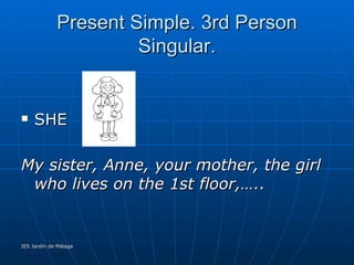 Present Simple. 3rd Person Singular. SHE My sister, Anne, your mother, the girl who lives on the 1st floor,….. 