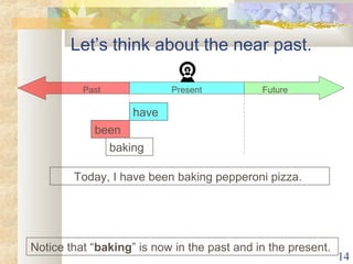 14 
Let’s think about the near past. 
Past Present Future 
have 
been 
baking 
Today, I have been baking pepperoni pizza. 
Notice that “baking” is now in the past and in the present. 
 