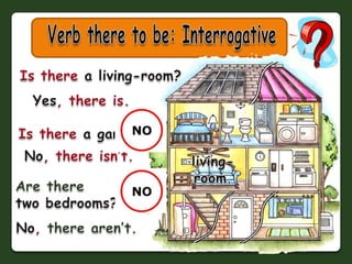 Verbthere to be: InterrogativeIstherea living-room?Yes, thereis.Istherea garage? No, thereisn’t.living-room.Are theretwobedrooms? No, therearen’t.