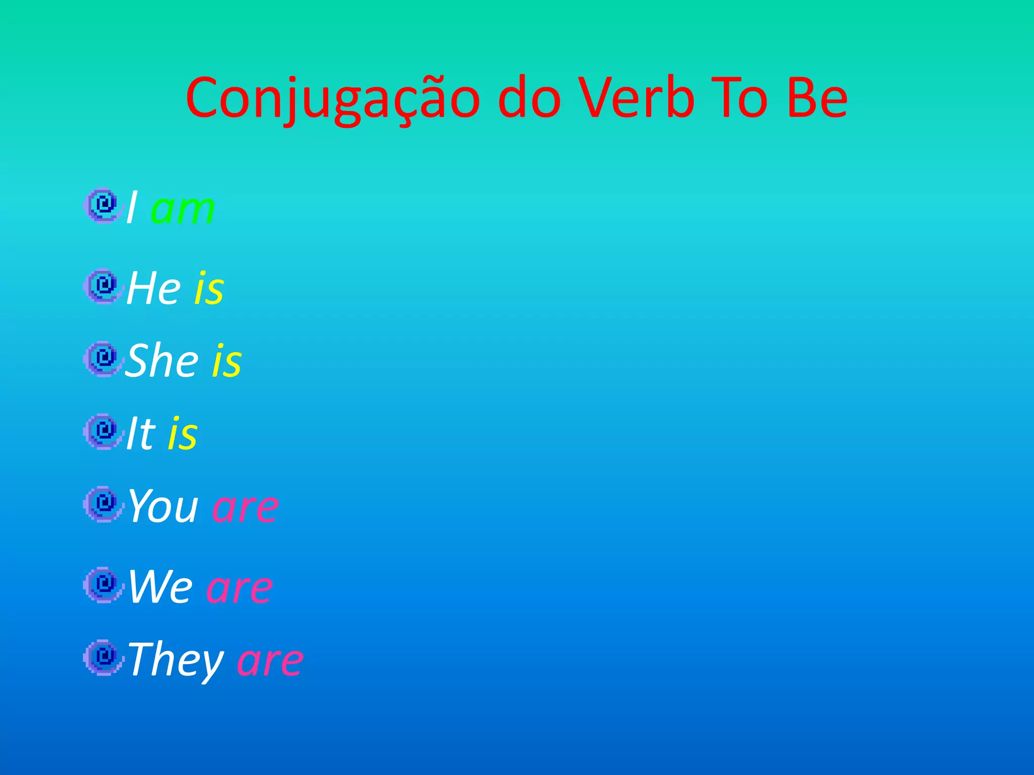 Conjugação do Verb To BeI amHeisSheisItisYouareWeareTheyare