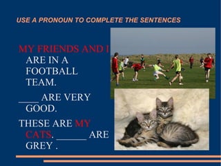 USE A PRONOUN TO COMPLETE THE SENTENCES MY FRIENDS AND I  ARE IN A FOOTBALL TEAM. ____ ARE VERY GOOD. THESE ARE  MY CATS . ______ ARE GREY . 