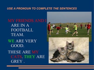USE A PRONOUN TO COMPLETE THE SENTENCES MY FRIENDS AND I  ARE IN A FOOTBALL TEAM. WE   ARE VERY GOOD. THESE ARE  MY CATS .  THEY  ARE GREY . 
