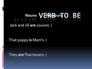 Nouns    VERB TO BE
                     Pronouns

Jack and Jill are cousins. (


That puppy is Mam’s. (


They are Thai boxers. (
 