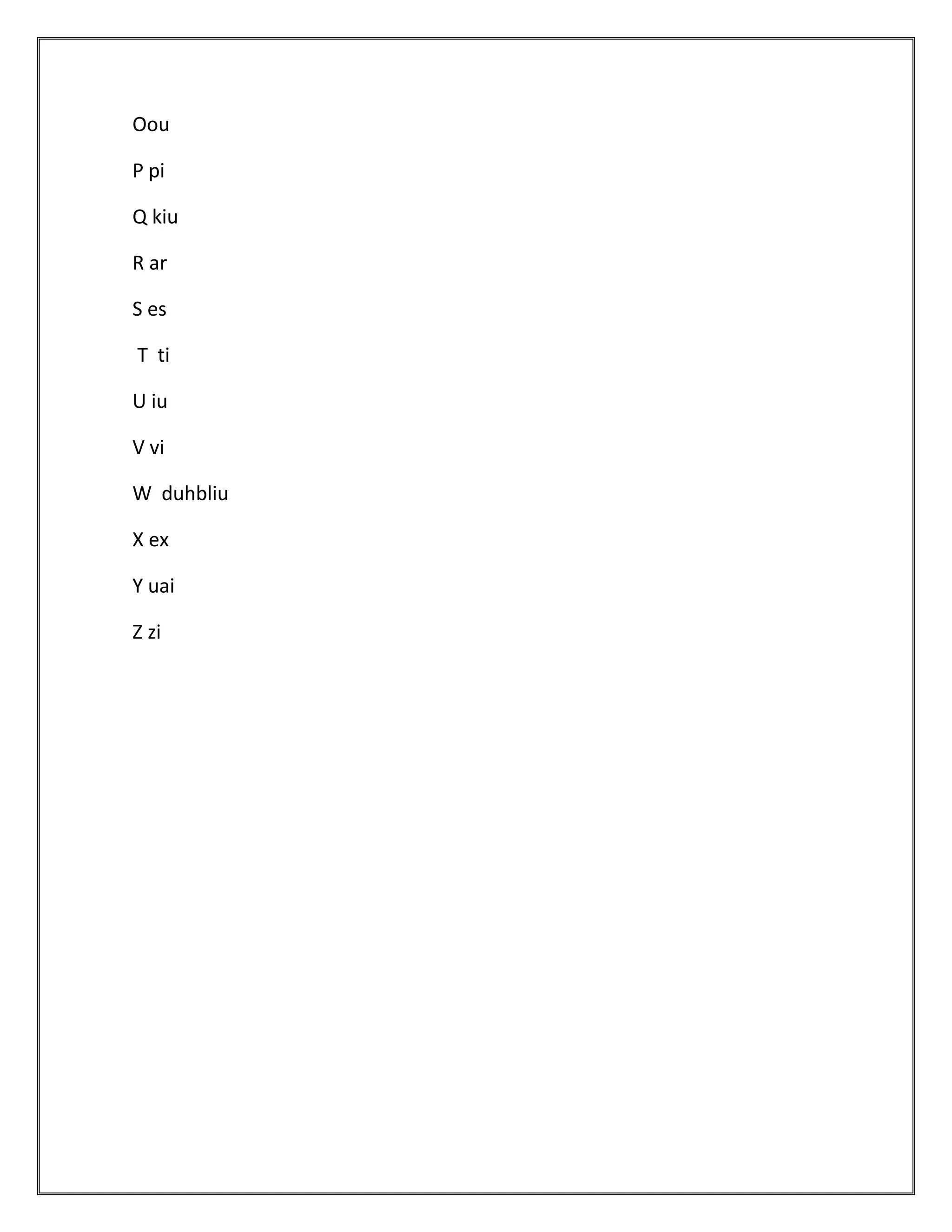 Oou

P pi

Q kiu

R ar

S es

T ti

U iu

V vi

W duhbliu

X ex

Y uai

Z zi
 