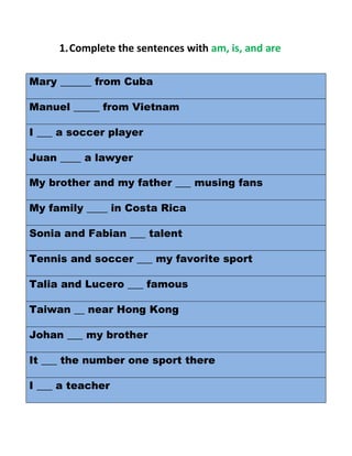 1.Complete the sentences with am, is, and are
Mary ______ from Cuba
Manuel _____ from Vietnam
I ___ a soccer player
Juan ____ a lawyer
My brother and my father ___ musing fans
My family ____ in Costa Rica
Sonia and Fabian ___ talent
Tennis and soccer ___ my favorite sport
Talia and Lucero ___ famous
Taiwan __ near Hong Kong
Johan ___ my brother
It ___ the number one sport there
I ___ a teacher
 