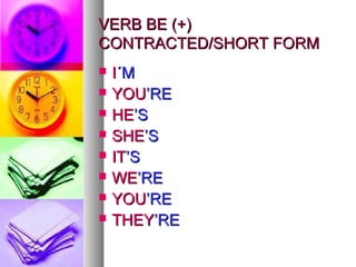 VVEERRBB BBEE ((++)) 
CCOONNTTRRAACCTTEEDD//SSHHOORRTT FFOORRMM 
 II´MM 
 YYOOUU’’RREE 
 HHEE’’SS 
 SSHHEE’’SS 
 IITT’’SS 
 WWEE’’RREE 
 YYOOUU’’RREE 
 TTHHEEYY’’RREE 
 