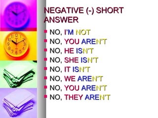 NNEEGGAATTIIVVEE ((--)) SSHHOORRTT 
AANNSSWWEERR 
 NNOO,, II’’MM NNOOTT 
 NNOO,, YYOOUU AARREENN’’TT 
 NNOO,, HHEE IISSNN’’TT 
 NNOO,, SSHHEE IISSNN’’TT 
 NNOO,, IITT IISSNN’’TT 
 NNOO,, WWEE AARREENN’’TT 
 NNOO,, YYOOUU AARREENN’’TT 
 NNOO,, TTHHEEYY AARREENN’’TT 
 