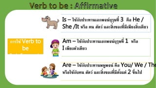 Is – ใช้กััประทานเเกพจจน์ัุรุษที่ 3 คอเ He /
She /It หรอเ คน สัตว์ และส่งขเงที่มีเพียงส่งเดียว
การใช้ Verb to
be
ในประโยคัเกเล่า
Am – ใช้กััประทานเเกพจจน์ัุรุษที่ 1 หรอเ
I เพียงตัวเดียว
Are – ใช้กััประทานพหูพจจน์ คอเ You/ We / The
หรอเใช้กััคน สัตว์ และส่งขเงที่มีตังงแต่ 2 ขึงนไป
 