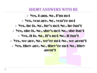 SHORT ANSWERS WITH BEYes, I am. No, I’m notYes, you are. No, you’re notYes, he is. No, he’s not/No, he isn’tYes, she is. No, she’s not/No, she isn’tYes, it is. No, it’s not/No, it isn’tYes, we are. No, we’re not/No, we aren’tYes, they are. No, they’re not/No, they aren’t