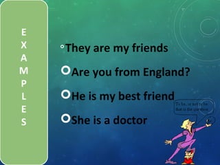 
They are my friends
Are you from England?
He is my best friend
She is a doctor
E
X
A
M
P
L
E
S
 