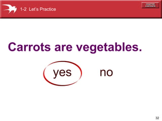 32
Carrots are vegetables.
yes no
1-2 Let’s Practice
 