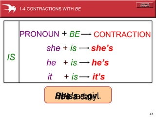 47
She’s a girl.It’s a cat.He’s a boy.
she + is she’s
he + is he’s
IS
PRONOUN + BE CONTRACTION
1-4 CONTRACTIONS WITH BE
it + is it’s
 