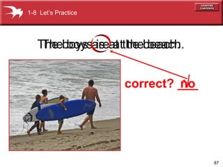 87
The boys are at the beach.The boys is at the beach.
no√
1-8 Let’s Practice
correct? ___
 