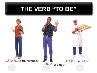 THE VERB “TO BE” ............... a hairdresser ............... a singer ............... a baker She is He is He is 