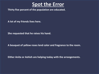Thirty five percent of the population are educated.
A lot of my friends lives here.
She requested that he raises his hand.
A bouquet of yellow roses lend color and fragrance to the room.
Either Anita or Ashish are helping today with the arrangements.
Spot the Error
 