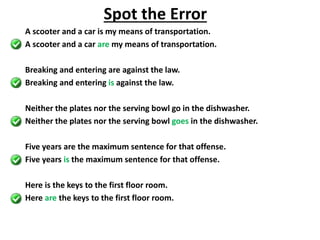 A scooter and a car is my means of transportation.
A scooter and a car are my means of transportation.
Breaking and entering are against the law.
Breaking and entering is against the law.
Neither the plates nor the serving bowl go in the dishwasher.
Neither the plates nor the serving bowl goes in the dishwasher.
Five years are the maximum sentence for that offense.
Five years is the maximum sentence for that offense.
Here is the keys to the first floor room.
Here are the keys to the first floor room.
Spot the Error
 