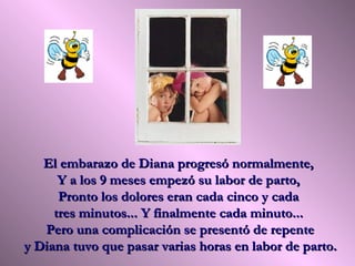 El embarazo de Diana progresó normalmente,  Y a los 9 meses empezó su labor de parto,  Pronto los dolores eran cada cinco y cada  tres minutos... Y finalmente cada minuto...  Pero una complicación se presentó de repente y Diana tuvo que pasar varias horas en labor de parto.   