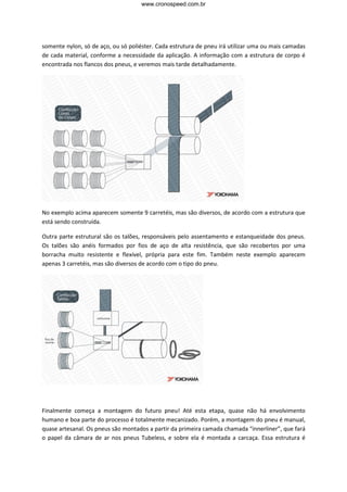 www.cronospeed.com.br




somente nylon, só de aço, ou só poliéster. Cada estrutura de pneu irá utilizar uma ou mais camadas
de cada material, conforme a necessidade da aplicação. A informação com a estrutura de corpo é
encontrada nos flancos dos pneus, e veremos mais tarde detalhadamente.




No exemplo acima aparecem somente 9 carretéis, mas são diversos, de acordo com a estrutura que
está sendo construída.

Outra parte estrutural são os talões, responsáveis pelo assentamento e estanqueidade dos pneus.
Os talões são anéis formados por fios de aço de alta resistência, que são recobertos por uma
borracha muito resistente e flexível, própria para este fim. Também neste exemplo aparecem
apenas 3 carretéis, mas são diversos de acordo com o tipo do pneu.




Finalmente começa a montagem do futuro pneu! Até esta etapa, quase não há envolvimento
humano e boa parte do processo é totalmente mecanizado. Porém, a montagem do pneu é manual,
quase artesanal. Os pneus são montados a partir da primeira camada chamada “innerliner”, que fará
o papel da câmara de ar nos pneus Tubeless, e sobre ela é montada a carcaça. Essa estrutura é
 