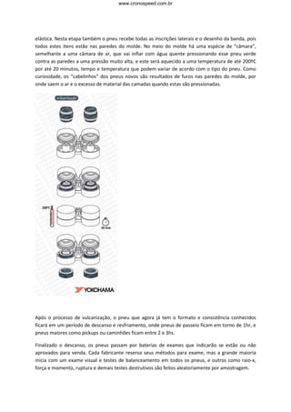 www.cronospeed.com.br




elástica. Nesta etapa também o pneu recebe todas as inscrições laterais e o desenho da banda, pois
todos estes itens estão nas paredes do molde. No meio do molde há uma espécie de “câmara”,
semelhante a uma câmara de ar, que vai inflar com água quente pressionando esse pneu verde
contra as paredes a uma pressão muito alta, e este será aquecido a uma temperatura de até 200ºC
por até 20 minutos, tempo e temperatura que podem variar de acordo com o tipo do pneu. Como
curiosidade, os “cabelinhos” dos pneus novos são resultados de furos nas paredes do molde, por
onde saem o ar e o excesso de material das camadas quando estas são pressionadas.




Após o processo de vulcanização, o pneu que agora já tem o formato e consistência conhecidos
ficará em um período de descanso e resfriamento, onde pneus de passeio ficam em torno de 1hr, e
pneus maiores como pickups ou caminhões ficam entre 2 e 3hs.

Finalizado o descanso, os pneus passam por baterias de exames que indicarão se estão ou não
aprovados para venda. Cada fabricante reserva seus métodos para exame, mas a grande maioria
inicia com um exame visual e testes de balanceamento em todos os pneus, e outros como raio-x,
força e momento, ruptura e demais testes destrutivos são feitos aleatoriamente por amostragem.
 