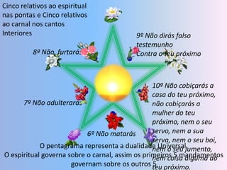 10º Não cobiçarás a casa do teu próximo, não cobiçarás a mulher do teu próximo, nem o seu servo, nem a sua serva, nem o seu boi, nem o seu jumento, nem coisa alguma do teu próximo.Cinco relativos ao espiritual nas pontas e Cinco relativos ao carnal nos cantos Interiores9º Não dirás falso testemunhoContra o teu próximo6º Não matarás7º Não adulterarás8º Não  furtarás.O pentagrama representa a dualidade Universal.O espiritual governa sobre o carnal, assim os primeiros 5 mandamentos governam sobre os outros 5