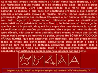 Ao longo dos tempos transformaram o “Aleph” numa figura abstracta, o “A”, que representa o touro macho com os chifres para baixo, ou seja o Deus caído/desacreditado. Claro está, desacreditado pela morte que está ao comando do mundo, o que pode ser constatado em tudo o que podemos apreciar à nossa volta, através da música, cinema, teorias evolucionárias, governação globalista que controla totalmente o ser humano, explorando o seu lado negativo e empurrando-o totalmente para as carnalidades características da polaridade morte, o Taw    , iludindo com isto toda a gente, que fica com a impressão de que é livre e que vive uma democracia, quando na realidade as discussões parlamentares são sempre as mesmas década após década, não passam nem passarão disso mesmo e mude que partido mudar, estão sempre os mesmos no poder, porque HÁ SÓ UM PARTIDO COM VÁRIOS NOMES, que tem objectivos bem definidos, que são precisamente, todas as crises que conhecemos, aproveitando para apontar o dedo à violência para no meio da confusão, aprovarem leis que dirigem toda a sociedade para o fundo do poço, lenta e imperceptivelmente, enquanto  encobertos por instituíções de benemerência, passam por boa gente.Degeneração do “Aleph” ao longo dos tempos, até se tornar “Alfa” e o conhecido “A”
