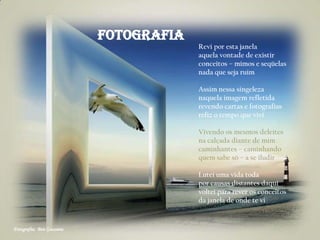 Fotografia: Ben Goossens
Fotografia
Revi por esta janela
aquela vontade de existir
conceitos – mimos e seqüelas
nada que seja ruim
Assim nessa singeleza
naquela imagem refletida
revendo cartas e fotografias
refiz o tempo que vivi
Vivendo os mesmos deleites
na calçada diante de mim
caminhantes – caminhando
quem sabe só – a se iludir
Lutei uma vida toda
por causas distantes daqui
voltei para rever os conceitos
da janela de onde te vi
 
