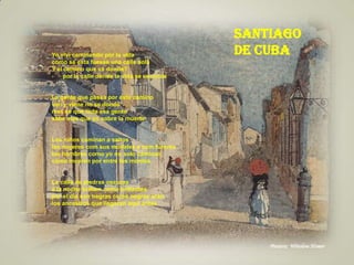 Pintura: Winslow Homer
Santiago
de CubaYo vivi caminando por la vida
como se esta fuesse una calle sola
? el camino que va donde?
- por la calle donde la vida se esconde
La gente que passa por este camino
van y viene no se donde
mas se que toda esa gente
sabe mas que yo sobre la muerte
Los niños caminan a saltos
las mujeres com sus modales e com furores
los hombres como yo no solo caminan
como mueren por entre los montes
La calle de piedras oscuras
a la noche brillam como brillantes
por el dia son negras como negros eran
los ancestros que llegaran aqui antes
 