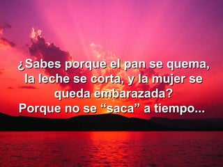 ¿Sabes porque el pan se quema, la leche se corta, y la mujer se queda embarazada? Porque no se “saca” a tiempo...   