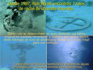 Desde 1987, Ron Wyatt encontrou 3 raios
        de rodas de charrete dourada.




    Corais não se desenvolvem no ouro, portanto sua forma
 original foi mantida, no entanto a madeira que estava dentro
deste folheado de ouro se desintegrou deixando-o muito frágil
                       para sua remoção.




      A esperança de futuras expedições é explorar as águas
      profundas com câmeras remotas mini-submarinos.
 