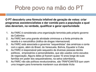 Pobre povo na mão do PTO PT descobriu uma fórmula infalível de geração de votos: criar programas assistencialistas e dar comida para a população a qual eles deveriam, na verdade, qualificar e gerar oportunidadesO Fome Zero começou assim, mas logo tiraram de circulação porque estava muito “na cara”Todos os programas assistencialistas recebem muito dinheiro e muita corrupção acontece por baixo dos panosO PT na verdade está “comprando” votos a muito tempo com essa estratégiaEnquanto o povo se diz satisfeito com o governo Lula, seu futuro está incerto e controlado pela máfia do PTO assistencialismo foi intensificado após o escândalo do MENSALÃO como uma estratégia de minimizar o impacto negativo do valerioduto e o que é pior... Funcionou!