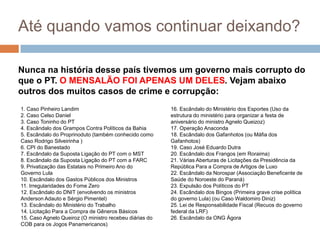 Até quando vamos continuar deixando?Nunca na história desse país tivemos um governo mais corrupto do que o PT. O MENSALÃO FOI APENAS UM DELES. Vejam abaixo outros dos muitos casos de crime e corrupção:1. Caso Pinheiro Landim2. Caso Celso Daniel3. Caso Toninho do PT4. Escândalo dos Grampos Contra Políticos da Bahia5. Escândalo do Proprinoduto (também conhecido como Caso Rodrigo Silveirinha )6. CPI do Banestado7. Escândalo da Suposta Ligação do PT com o MST8. Escândalo da Suposta Ligação do PT com a FARC9. Privatização das Estatais no Primeiro Ano do Governo Lula10. Escândalo dos Gastos Públicos dos Ministros11. Irregularidades do Fome Zero12. Escândalo do DNIT (envolvendo os ministros Anderson Adauto e Sérgio Pimentel)13. Escândalo do Ministério do Trabalho14. Licitação Para a Compra de Gêneros Básicos15. Caso Agnelo Queiroz (O ministro recebeu diárias do COB para os Jogos Panamericanos)16. Escândalo do Ministério dos Esportes (Uso da estrutura do ministério para organizar a festa de aniversário do ministro AgneloQueizoz)17. Operação Anaconda18. Escândalo dos Gafanhotos (ou Máfia dos Gafanhotos)19. Caso José Eduardo Dutra20. Escândalo dos Frangos (em Roraima)21. Várias Aberturas de Licitações da Presidência da República Para a Compra de Artigos de Luxo22. Escândalo da Norospar (Associação Beneficente de Saúde do Noroeste do Paraná)23. Expulsão dos Políticos do PT24. Escândalo dos Bingos (Primeira grave crise política do governo Lula) (ou Caso Waldomiro Diniz)25. Lei de Responsabilidade Fiscal (Recuos do governo federal da LRF)26. Escândalo da ONG Ágora