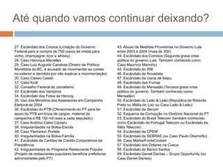 Até quando vamos continuar deixando?27. Escândalo dos Corpos (Licitação do Governo Federal para a compra de 750 copos de cristal para vinho, champagne, licor e whisky)28. Caso Henrique Meirelles29. Caso Luiz Augusto Candiota (Diretor de Política Monetária do BC, é acusado de movimentar as contas no exterior e demitido por não explicar a movimentação)30. Caso Cássio Caseb31. Caso Kroll32. Conselho Federal de Jornalismo33. Escândalo dos Vampiros34. Escândalo das Fotos de Herzog35. Uso dos Ministros dos Assessores em Campanha Eleitoral de 200436. Escândalo do PTB (Oferecimento do PT para ter apoio do PTB em troca de cargos, material de campanha e R$ 150 mil reais a cada deputado)37. Caso Antônio Celso Cipriani38. Irregularidades na Bolsa-Escola39. Caso Flamarion Portela40. Irregularidades na Bolsa-Família41. Escândalo de Cartões de Crédito Corporativos da Presidência42. Irregularidades do Programa Restaurante Popular (Projeto de restaurantes populares beneficia prefeituras administradas pelo PT)43. Abuso de Medidas Provisórias no Governo Lula entre 2003 e 2004 (mais de 300)44. Escândalo dos Correios (Segunda grave crise política do governo Lula. Também conhecido como Caso Maurício Marinho)45. Escândalo do IRB46. Escândalo da Novadata47. Escândalo da Usina de Itaipu48. Escândalo das Furnas49. Escândalo do Mensalão (Terceira grave crise política do governo. Também conhecido como Mensalão)50. Escândalo do Leão & Leão (República de Ribeirão Preto ou Máfia do Lixo ou Caso Leão & Leão)51. Escândalo da Secom52. Esquema de Corrupção no Diretório Nacional do PT53. Escândalo do Brasil Telecom (também conhecido como Escândalo do Portugal Telecom ou Escândalo da Itália Telecom)54. Escândalo da CPEM55. Escândalo da SEBRAE (ou Caso Paulo Okamotto)56. Caso Marka/FonteCindam57. Escândalo dos Dólares na Cueca58. Escândalo do Banco Santos59. Escândalo Daniel Dantas – Grupo Opportunity (ou Caso Daniel Dantas)