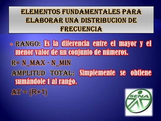  LAS CLASES: Están formadas por dos extremos. el menor se llama límite inferior el mayor se llama límite superior EJE:NOTAS(20-26) EDADES(20-26.5) SALARIOS(20-26.99) NUMERO DE CLASES:Se determina a través de la formula de Sturges, la cual es valida cuando el No de observaciones sea menor o igual a 500.   NC= 1+3.33LOG (N)N=es la cantidad de muestras tomadas