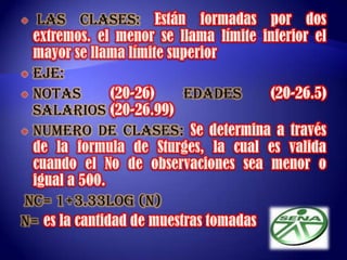 VALOR DEL INTERVALO O AMPLITUD:Se Obtiene por medio de la ecuación de dicta: Vi = AT / NcDonde:(Vi) es el valor de intervalo. (AT) es la amplitud total. (Nc) es el número de clase.TABLA DE FRECUENCIA ABSOLUTA Y RELATIVAFRECUENCIA ABSOLUTA: de un valor de la variable, xi, es el número de veces que aparece. Se representa por fi. La suma de frecuencias absolutas es igual al número total de datos, N.FRECUENCIA RELATIVAes el cociente entre la frecuencia absoluta y el número de datos, N. Se representa por hi, h i = f i N . La suma de frecuencias relativas es igual a la unidad.