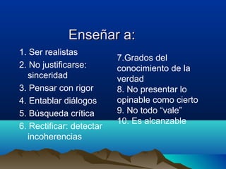 Enseñar a:Enseñar a:
1. Ser realistas
2. No justificarse:
sinceridad
3. Pensar con rigor
4. Entablar diálogos
5. Búsqueda crítica
6. Rectificar: detectar
incoherencias
7.Grados del
conocimiento de la
verdad
8. No presentar lo
opinable como cierto
9. No todo “vale”
10. Es alcanzable
 