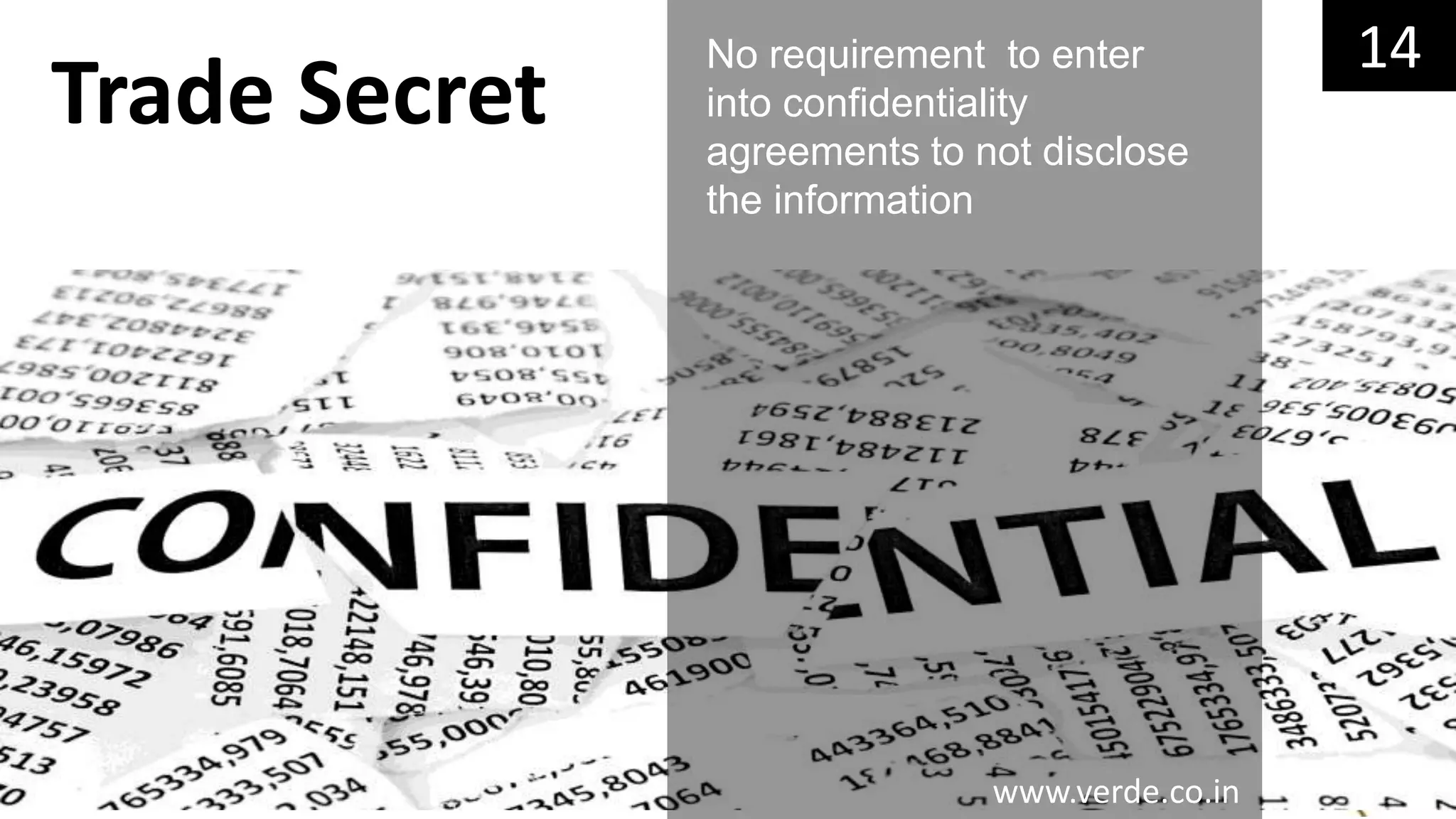 Inspiring Excellence
No requirement to enter
into confidentiality
agreements to not disclose
the information
14
Trade Secret
www.verde.co.in
 