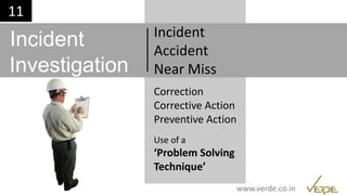 Inspiring Excellence
Use of a
‘Problem Solving
Technique’
Incident
Investigation
Incident
Accident
Near Miss
Correction
Corrective Action
Preventive Action
11
www.verde.co.in
 