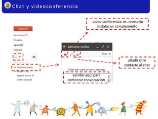 Chat y videoconferencia
video conferencia: es necesario
instalar un complemento
añadir otro
contacto al chat
escribir aquí para
comenzar conversación
 