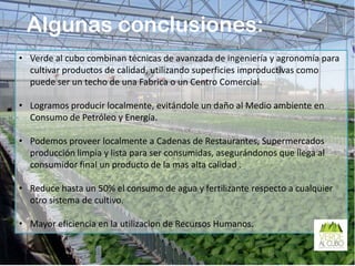 • Verde al cubo combinan técnicas de avanzada de ingeniería y agronomía para
cultivar productos de calidad, utilizando superficies improductivas como
puede ser un techo de una Fabrica o un Centro Comercial.
• Logramos producir localmente, evitándole un daño al Medio ambiente en
Consumo de Petróleo y Energía.
• Podemos proveer localmente a Cadenas de Restaurantes, Supermercados
producción limpia y lista para ser consumidas, asegurándonos que llega al
consumidor final un producto de la mas alta calidad .
• Reduce hasta un 50% el consumo de agua y fertilizante respecto a cualquier
otro sistema de cultivo.
• Mayor eficiencia en la utilizacion de Recursos Humanos.
Algunas conclusiones:
 