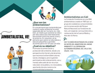 ¿Que son los
ambientalistas?
Es una persona que comprende que
nuestro medio ambiente no está
separado del ser humano; es, más
bien, el medio que sostiene la vida y
por ello valora las interrelaciones
que existen entre los seres vivos y
su entorno. En resumen, es la
persona que valora la naturaleza y
ejecuta pequeñas o grandes
acciones para vivir en paz con ella.
¡AMBIETALISTAS, VE!
¿Cual es su objetivo?
Promueve la preservación y
protección del ambiente, desde una
perspectiva territorial y de derechos,
que reconoce la diversidad cultural,
social y biológica, para la gestión
participativa del ordenamiento, uso y
manejo adecuado de los recursos
naturales renovables y no renovables;
aportando de esta manera a la
sustentabilidad ambiental.
Ambientalistas en Cali
La Fundación Farallones es una ONG
ambientalista creada en 1987 por un
grupo de ciudadanos comprometidos
con la conservación del Parque
Natural Nacional Los Farallones de
Cali, y en especial, con la protección y
restauración de la Cuenca Medio y
Alta del río Pance.
HAY 112 ONǴS REGISTRADAS EN LA BASE
DE DATOS DEL MINISTERIO DEL MEDIO
AMBIENTE Y LA COPORACION
AUTONOMA REGIONAL DEL VALLE DEL
CAUCA - CVC


 