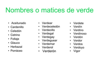 Nombres o matices de verde
• Aceitunado
• Cardenillo
• Celedón
• Cetrino
• Follaje
• Glauco
• Herbazal
• Porráceo
• Verdear
• Verdeceledón
• Verdecillo
• Verdegal
• Verdegay
• Verdeguear
• Verdemar
• Verderol
• Verderón
• Verdete
• Verdín
• Verdino
• Verdinoso
• Verdón
• Verdor
• Verdos
• Verdoyo
• Vigor
 