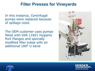 Filter Presses for Vineyards 
In this instance, Centrifugal 
pumps were replaced because 
of spillage costs 
The OEM customer uses pumps 
fitted with DIN 11851 Hygienic 
Port Flanges and specially 
modified filler tubes with an 
additional 180° U bend 
 