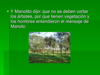 Y Manolito dijo: que no se deben cortar los árboles, por que tienen vegetación y los hombres entendieron el mensaje de Manolo.