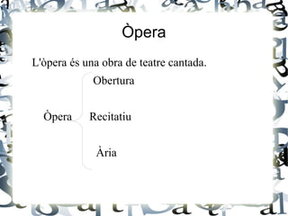 Òpera
L'òpera és una obra de teatre cantada.
Obertura
Òpera Recitatiu
Ària
 