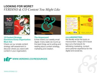 WWW.VERDINO.CO
LOOKING FOR MORE?
VERDINO & CO Content You Might Like
10 Content Strategy
Questions Every Organization
Must...